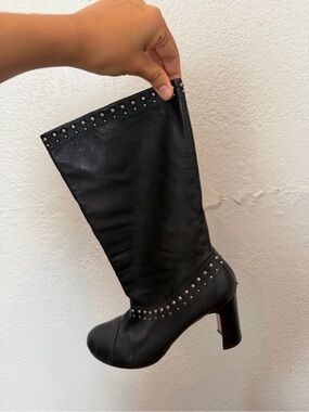 Prada Black Mid-Calf Studded Heel Boots